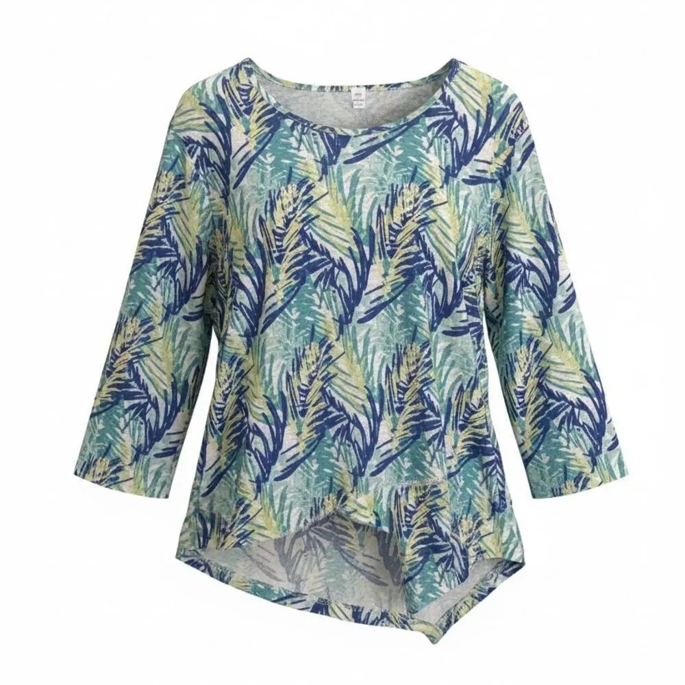 Lulu-B women’s Blue Green Palm-Print Women’s Scoop Neck Top size S